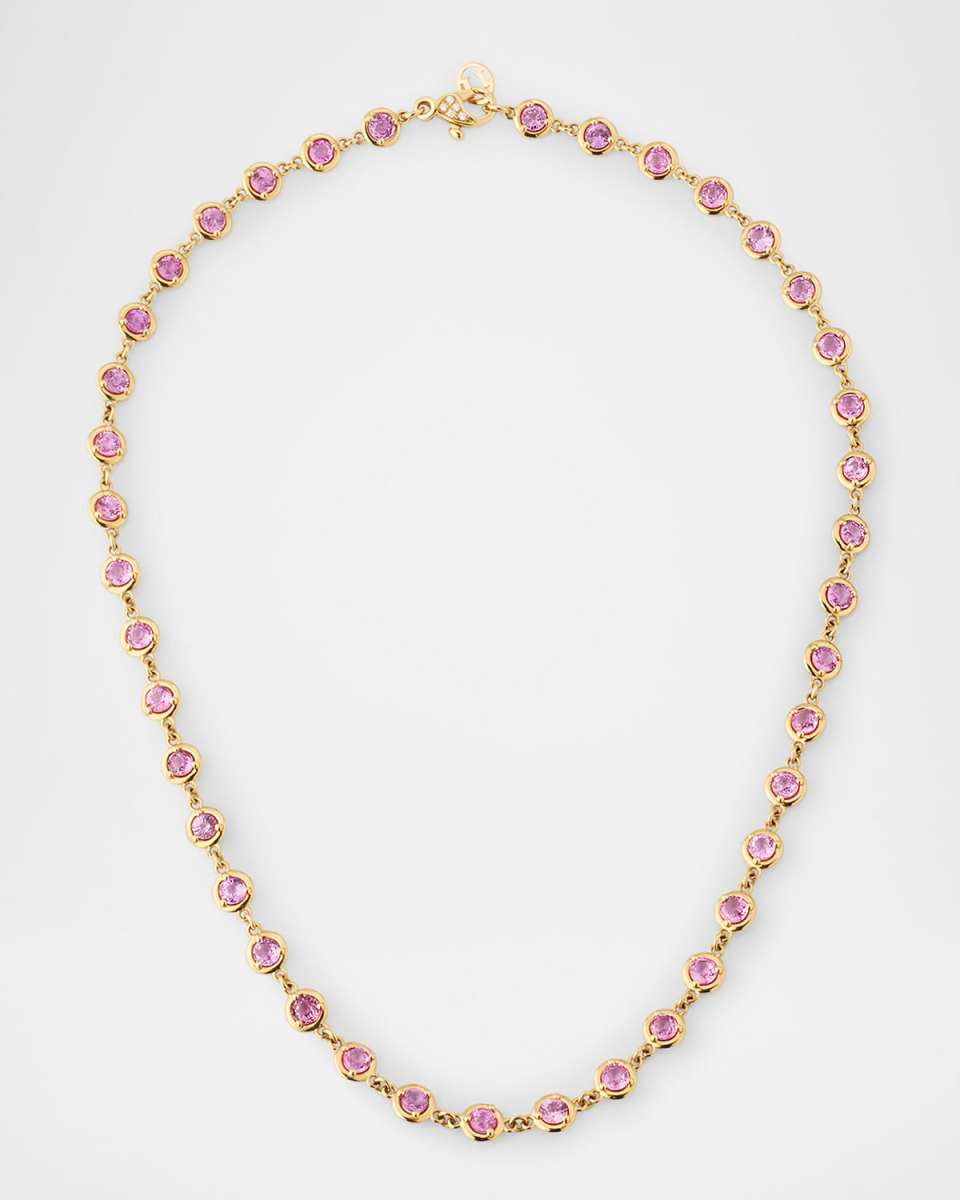 18K Yellow Gold Necklace with White Diamonds and Pink Sapphires, 18"L